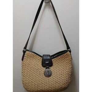 Brighton Jani Woven Shoulder Bag Tan Straw Brown Leather Trim, Metallic Hardware